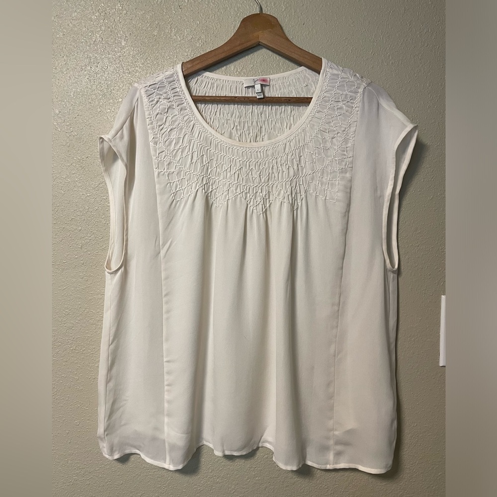 Joie 100% silk cream blouse, smocked neckline, drop shoulder, sleeveless